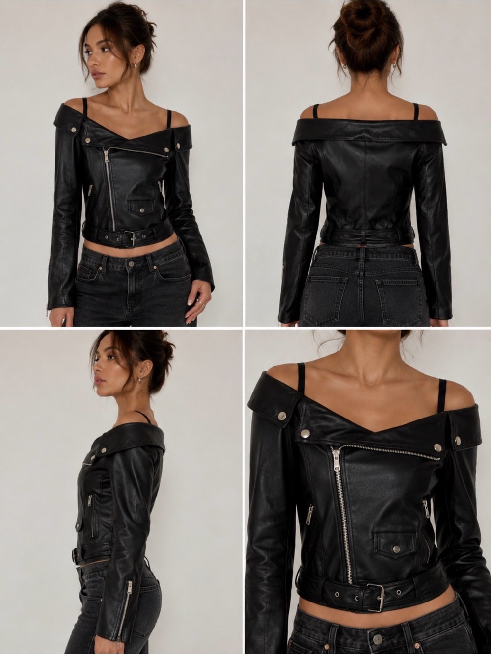 Forever21 Off-Shoulder Black Faux Leather Moto Jacket. SzS